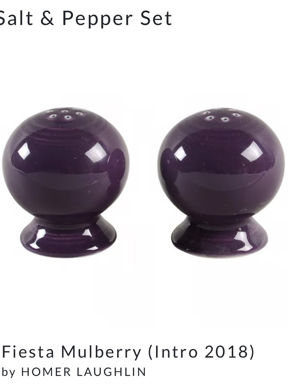 Homer Laughlin Fiesta Mulberry Ceramic Salt and Pepper Shakers- new